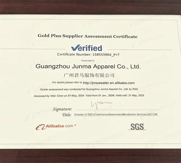 Alibaba Gold Supplier certificate awarded to JMSWEATER, a premium sweater manufacturer and OEM knitwear factory in China